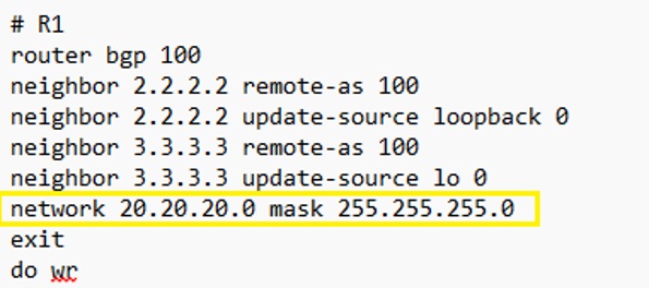 R1 BGP configuration commands including network statement