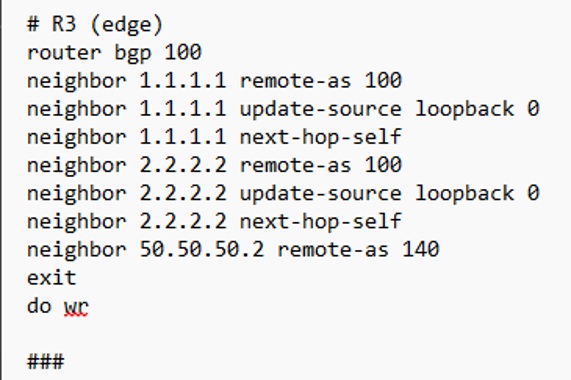R3 BGP configuration commands including next-hop-self