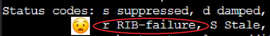 BGP status codes legend highlighting RIB-failure