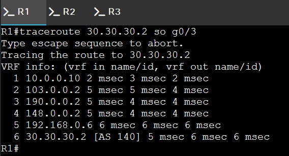 R1 traceroute output after route-map policy