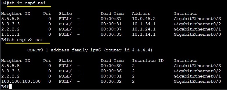 R4 show ip ospf neighbor and show ipv6 ospf neighbor