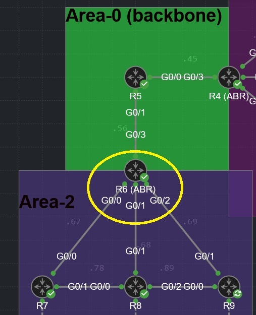 R6 interfaces showing Area 2 and Area 0 assignments