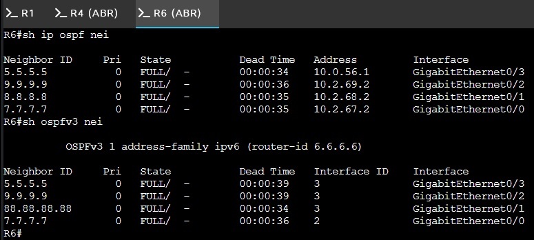R6 show ip ospf neighbor and show ipv6 ospf neighbor