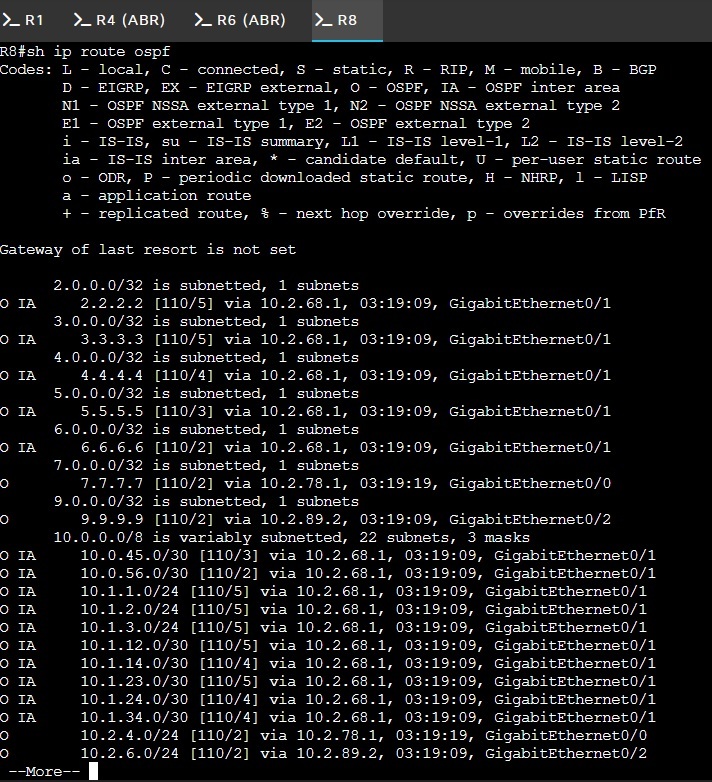 R8 show ip route ospf output